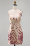 Sparkly Gold and Pink Bodycon Sequin One Shoulder Short Cocktail Dress