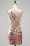 Sparkly Gold and Pink Bodycon Sequin One Shoulder Short Cocktail Dress
