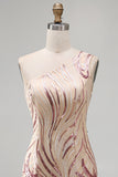 Sparkly Gold and Pink Bodycon Sequin One Shoulder Short Cocktail Dress