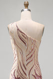 Sparkly Gold and Pink Bodycon Sequin One Shoulder Short Cocktail Dress
