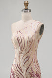 Sparkly Gold and Pink Bodycon Sequin One Shoulder Short Cocktail Dress
