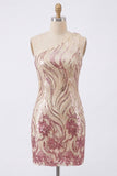 Sparkly Gold and Pink Bodycon Sequin One Shoulder Short Cocktail Dress