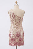 Sparkly Gold and Pink Bodycon Sequin One Shoulder Short Cocktail Dress