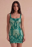 Dark Green Sparkly Sequin Bodycon Square Neck Short Cocktail Dress