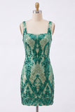 Dark Green Sparkly Sequin Bodycon Square Neck Short Cocktail Dress