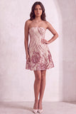 Sparkly Gold and Pink Bodycon Sequin Strapless Short Cocktail Dress