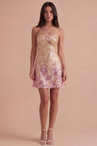 Sparkly Gold and Pink Bodycon Sequin Strapless Short Cocktail Dress