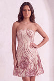 Sparkly Gold and Pink Bodycon Sequin Strapless Short Cocktail Dress