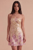 Sparkly Gold and Pink Bodycon Sequin Strapless Short Cocktail Dress