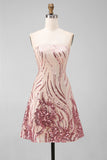 Sparkly Gold and Pink Bodycon Sequin Strapless Short Cocktail Dress