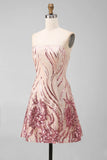 Sparkly Gold and Pink Bodycon Sequin Strapless Short Cocktail Dress