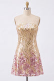 Sparkly Gold and Pink Bodycon Sequin Strapless Short Cocktail Dress