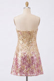Sparkly Gold and Pink Bodycon Sequin Strapless Short Cocktail Dress