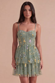 Dusty Sage Floral Corset Spaghetti Straps A Line Short Cocktail Dress
