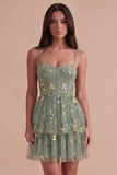 Dusty Sage Floral Corset Spaghetti Straps A Line Short Cocktail Dress