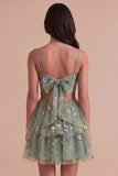 Dusty Sage Floral Corset Spaghetti Straps A Line Short Cocktail Dress