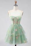 Dusty Sage Floral Corset Spaghetti Straps A Line Short Cocktail Dress