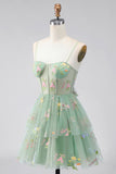 Dusty Sage Floral Corset Spaghetti Straps A Line Short Cocktail Dress