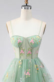 Dusty Sage Floral Corset Spaghetti Straps A Line Short Cocktail Dress