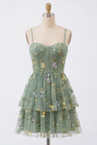 Dusty Sage Floral Corset Spaghetti Straps A Line Short Cocktail Dress