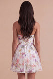Ivory Floral Corset A Line Strapless Short Cocktail Dress