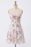 Ivory Floral Corset A Line Strapless Short Cocktail Dress
