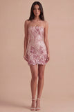 Gold and Pink Sparkly Sequin Floral Bodycon Strapless Short Cocktail Dress
