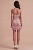 Gold and Pink Sparkly Sequin Floral Bodycon Strapless Short Cocktail Dress