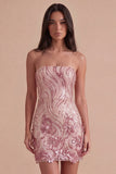 Gold and Pink Sparkly Sequin Floral Bodycon Strapless Short Cocktail Dress