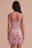 Gold and Pink Sparkly Sequin Floral Bodycon Strapless Short Cocktail Dress