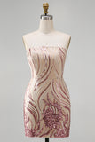 Gold and Pink Sparkly Sequin Floral Bodycon Strapless Short Cocktail Dress