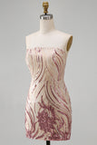Gold and Pink Sparkly Sequin Floral Bodycon Strapless Short Cocktail Dress