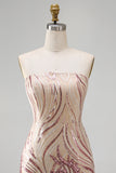 Gold and Pink Sparkly Sequin Floral Bodycon Strapless Short Cocktail Dress