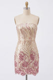 Gold and Pink Sparkly Sequin Floral Bodycon Strapless Short Cocktail Dress
