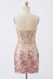 Gold and Pink Sparkly Sequin Floral Bodycon Strapless Short Cocktail Dress