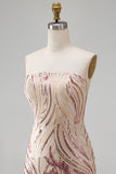 Gold and Pink Sparkly Sequin Floral Bodycon Strapless Short Cocktail Dress