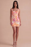 Sparkly Orange Floral Sequin Square Neck Bodycon Short Cocktail Dress