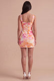 Sparkly Orange Floral Sequin Square Neck Bodycon Short Cocktail Dress