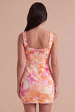 Sparkly Orange Floral Sequin Square Neck Bodycon Short Cocktail Dress