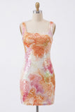 Sparkly Orange Floral Sequin Square Neck Bodycon Short Cocktail Dress