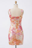 Sparkly Orange Floral Sequin Square Neck Bodycon Short Cocktail Dress