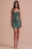 Sparkly Dark Green Sequin Bodycon Spaghetti Straps Short Cocktail Dress