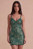Sparkly Dark Green Sequin Bodycon Spaghetti Straps Short Cocktail Dress