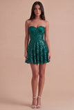 Sparkly Dark Green Sequin Corset  A Line Sweetheart Short Cocktail Dress