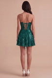 Sparkly Dark Green Sequin Corset  A Line Sweetheart Short Cocktail Dress