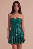 Sparkly Dark Green Sequin Corset  A Line Sweetheart Short Cocktail Dress