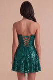 Sparkly Dark Green Sequin Corset  A Line Sweetheart Short Cocktail Dress