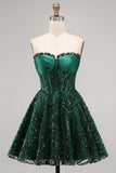 Sparkly Dark Green Sequin Corset  A Line Sweetheart Short Cocktail Dress