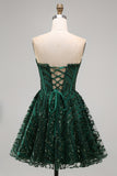 Sparkly Dark Green Sequin Corset  A Line Sweetheart Short Cocktail Dress