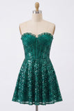 Sparkly Dark Green Sequin Corset  A Line Sweetheart Short Cocktail Dress